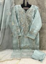 Organza Sky Blue Party Wear Embroidery Work Readymade Pakistani Suit